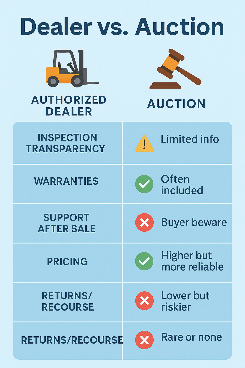 Visual comparison between authorized dealers and forklift auctions